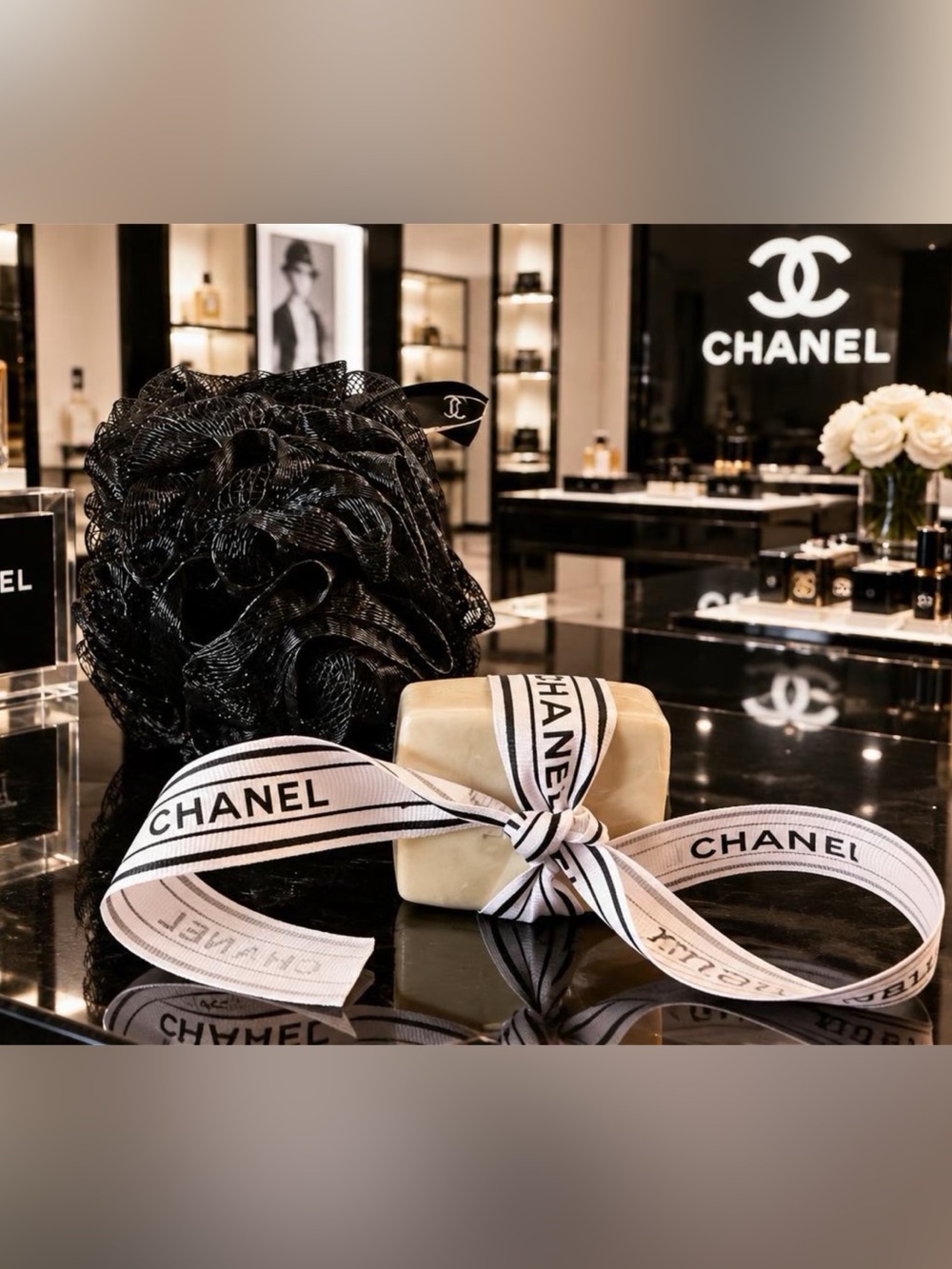 Chanel No 5 Soap with Ribbon and Bath Loofah